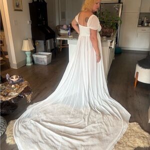 Elegant White bridal or maternity Gown with sheer Flowing Train